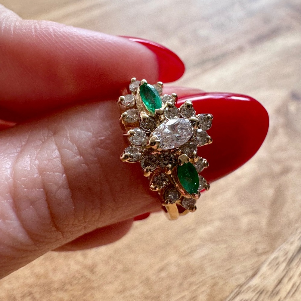 Stunning vintage inspired diamond and emerald engagement ring